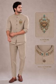 Men's Linen Silk 3 Piece Ethnic Set | Shirt, Pant & Modi Jacket / Sleeveless Jacket | Slim Fit | Collar & Pocket Patch Hand Work | Wedding, Festive & Party Wear