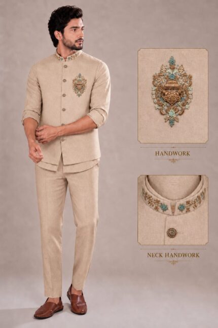 Men's Linen Silk 3 Piece Ethnic Set | Shirt, Pant & Modi Jacket / Sleeveless Jacket | Slim Fit | Collar & Pocket Patch Hand Work | Wedding, Festive & Party Wear