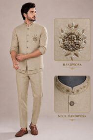 Men's Linen Silk 3 Piece Ethnic Set | Shirt, Pant & Modi Jacket / Sleeveless Jacket | Slim Fit | Collar & Pocket Patch Hand Work | Wedding, Festive & Party Wear