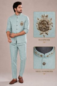 Men's Linen Silk 3 Piece Ethnic Set | Shirt, Pant & Modi Jacket / Sleeveless Jacket | Slim Fit | Collar & Pocket Patch Hand Work | Wedding, Festive & Party Wear