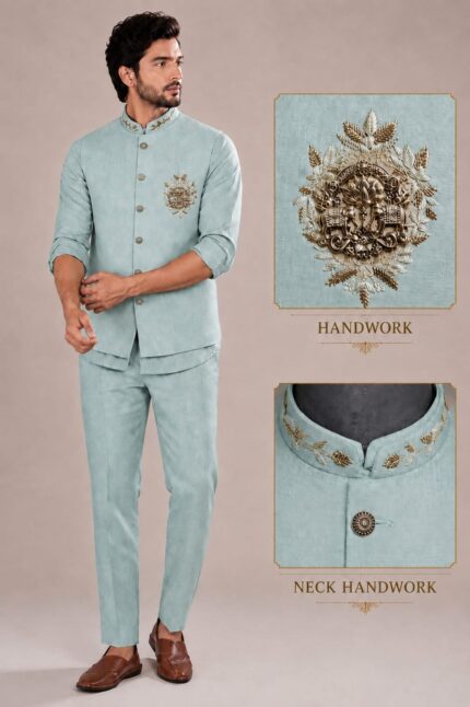 Men's Linen Silk 3 Piece Ethnic Set | Shirt, Pant & Modi Jacket / Sleeveless Jacket | Slim Fit | Collar & Pocket Patch Hand Work | Wedding, Festive & Party Wear