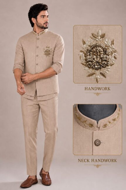 Men's Linen Silk 3 Piece Ethnic Set | Shirt, Pant & Modi Jacket / Sleeveless Jacket | Slim Fit | Collar & Pocket Patch Hand Work | Wedding, Festive & Party Wear