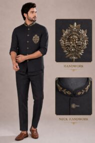 Men's Linen Silk 3 Piece Ethnic Set | Shirt, Pant & Modi Jacket / Sleeveless Jacket | Slim Fit | Collar & Pocket Patch Hand Work | Wedding, Festive & Party Wear