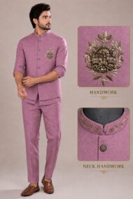 Men's Linen Silk 3 Piece Ethnic Set | Shirt, Pant & Modi Jacket / Sleeveless Jacket | Slim Fit | Collar & Pocket Patch Hand Work | Wedding, Festive & Party Wear
