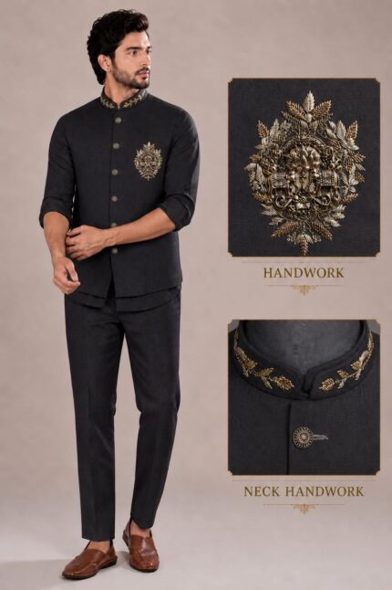 Men's Linen Silk 3 Piece Ethnic Set | Shirt, Pant & Modi Jacket / Sleeveless Jacket | Slim Fit | Collar & Pocket Patch Hand Work | Wedding, Festive & Party Wear