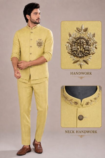 Men's Linen Silk 3 Piece Ethnic Set | Shirt, Pant & Modi Jacket / Sleeveless Jacket | Slim Fit | Collar & Pocket Patch Hand Work | Wedding, Festive & Party Wear