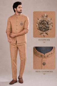 Men's Linen Silk 3 Piece Ethnic Set | Shirt, Pant & Modi Jacket / Sleeveless Jacket | Slim Fit | Collar & Pocket Patch Hand Work | Wedding, Festive & Party Wear