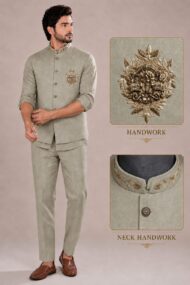 Men's Linen Silk 3 Piece Ethnic Set | Shirt, Pant & Modi Jacket / Sleeveless Jacket | Slim Fit | Collar & Pocket Patch Hand Work | Wedding, Festive & Party Wear