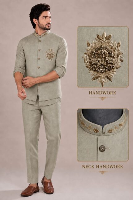 Men's Linen Silk 3 Piece Ethnic Set | Shirt, Pant & Modi Jacket / Sleeveless Jacket | Slim Fit | Collar & Pocket Patch Hand Work | Wedding, Festive & Party Wear