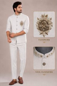 Men's Linen Silk 3 Piece Ethnic Set | Shirt, Pant & Modi Jacket / Sleeveless Jacket | Slim Fit | Collar & Pocket Patch Hand Work | Wedding, Festive & Party Wear