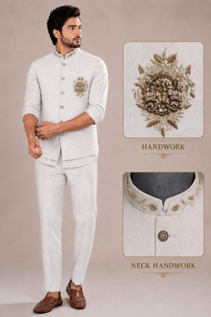 Men's Linen Silk 3 Piece Ethnic Set | Shirt, Pant & Modi Jacket / Sleeveless Jacket | Slim Fit | Collar & Pocket Patch Hand Work | Wedding, Festive & Party Wear