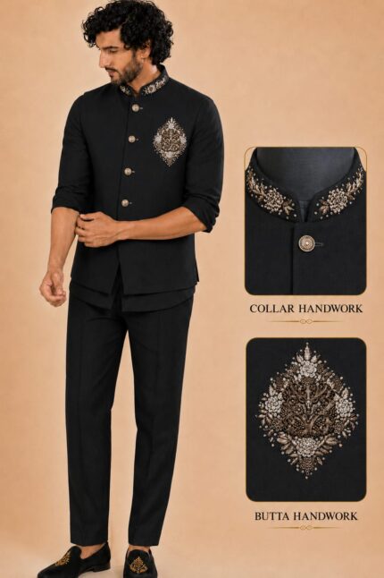 Men's Linen Silk 3 Piece Ethnic Set | Shirt, Pant & Modi Jacket / Sleeveless Jacket | Slim Fit | Collar & Pocket Patch Hand Work | Wedding, Festive & Party Wear