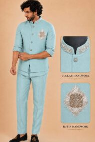 Men's Linen Silk 3 Piece Ethnic Set | Shirt, Pant & Modi Jacket / Sleeveless Jacket | Slim Fit | Collar & Pocket Patch Hand Work | Wedding, Festive & Party Wear