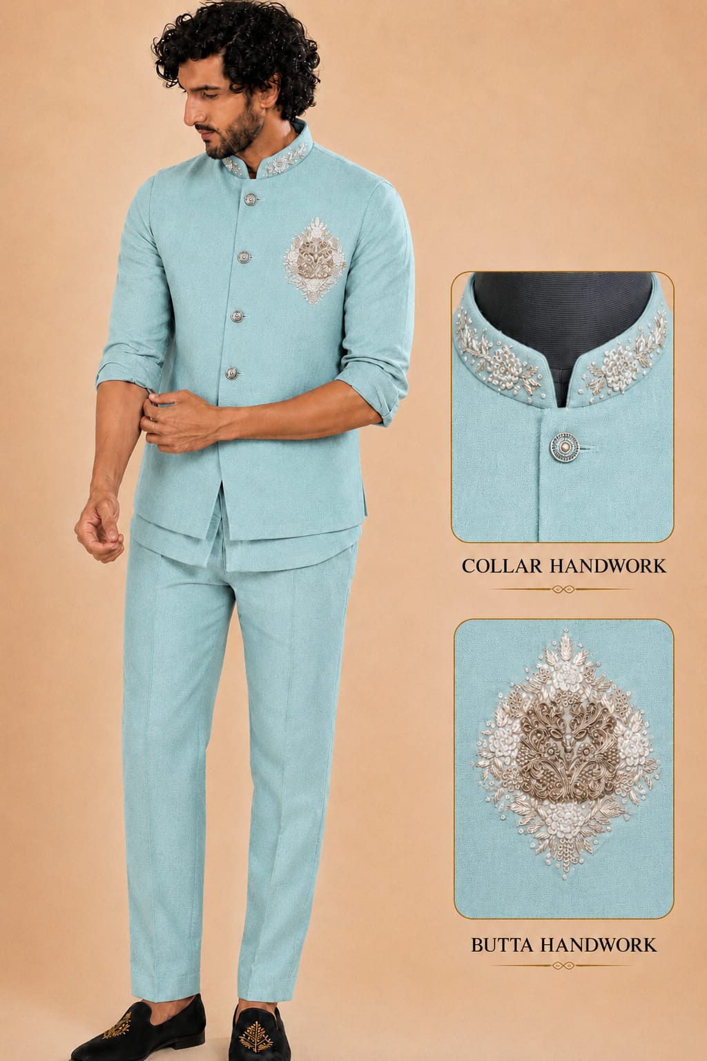 WhatsApp Image 2026-09-02 at 1.42.51 PM (2) Men's Linen Silk 3 Piece Ethnic Set | Shirt, Pant & Modi Jacket / Sleeveless Jacket | Slim Fit | Collar & Pocket Patch Hand Work | Wedding, Festive & Party Wear - Image 1