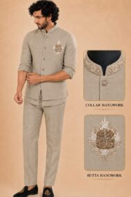 Men's Linen Silk 3 Piece Ethnic Set | Shirt, Pant & Modi Jacket / Sleeveless Jacket | Slim Fit | Collar & Pocket Patch Hand Work | Wedding, Festive & Party Wear