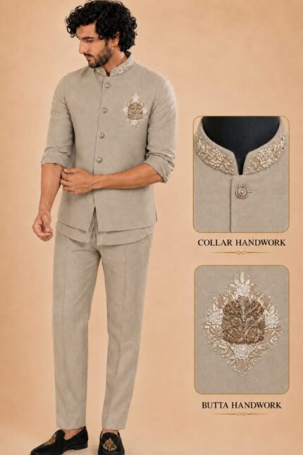Men's Linen Silk 3 Piece Ethnic Set | Shirt, Pant & Modi Jacket / Sleeveless Jacket | Slim Fit | Collar & Pocket Patch Hand Work | Wedding, Festive & Party Wear