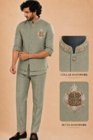 Men's Linen Silk 3 Piece Ethnic Set | Shirt, Pant & Modi Jacket / Sleeveless Jacket | Slim Fit | Collar & Pocket Patch Hand Work | Wedding, Festive & Party Wear