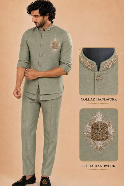 Men's Linen Silk 3 Piece Ethnic Set | Shirt, Pant & Modi Jacket / Sleeveless Jacket | Slim Fit | Collar & Pocket Patch Hand Work | Wedding, Festive & Party Wear