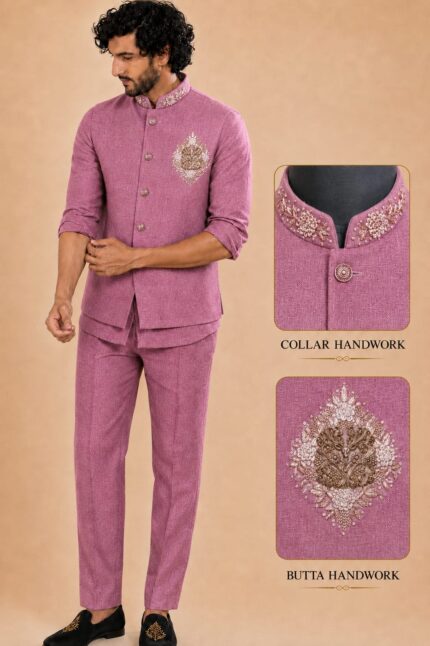 Men's Linen Silk 3 Piece Ethnic Set | Shirt, Pant & Modi Jacket / Sleeveless Jacket | Slim Fit | Collar & Pocket Patch Hand Work | Wedding, Festive & Party Wear