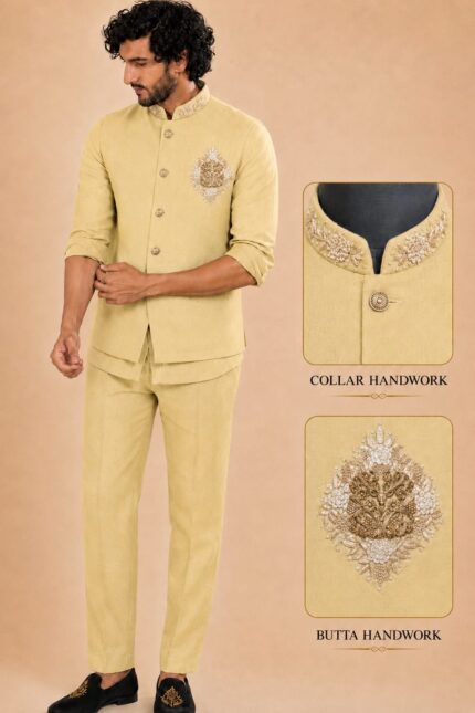 Men's Linen Silk 3 Piece Ethnic Set | Shirt, Pant & Modi Jacket / Sleeveless Jacket | Slim Fit | Collar & Pocket Patch Hand Work | Wedding, Festive & Party Wear