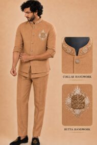 Men's Linen Silk 3 Piece Ethnic Set | Shirt, Pant & Modi Jacket / Sleeveless Jacket | Slim Fit | Collar & Pocket Patch Hand Work | Wedding, Festive & Party Wear