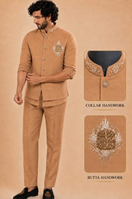 Men's Linen Silk 3 Piece Ethnic Set | Shirt, Pant & Modi Jacket / Sleeveless Jacket | Slim Fit | Collar & Pocket Patch Hand Work | Wedding, Festive & Party Wear