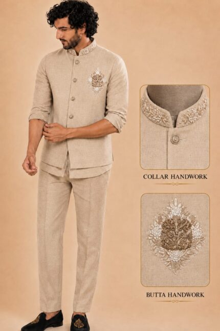 Men's Linen Silk 3 Piece Ethnic Set | Shirt, Pant & Modi Jacket / Sleeveless Jacket | Slim Fit | Collar & Pocket Patch Hand Work | Wedding, Festive & Party Wear