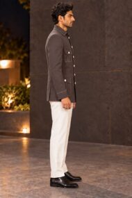 Premium Cadbury Chocolate Brown Linen Joot Chawal-Taka Jodhpuri Bandhgala Jacket for Men | 4 Unique Shape Patch Pockets - Image 3