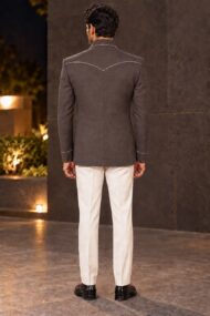 Premium Cadbury Chocolate Brown Linen Joot Chawal-Taka Jodhpuri Bandhgala Jacket for Men | 4 Unique Shape Patch Pockets - Image 2