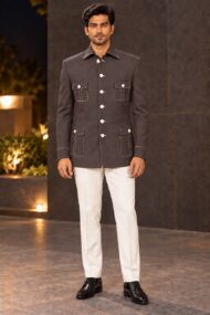 Premium Cadbury Chocolate Brown Linen Joot Chawal-Taka Jodhpuri Bandhgala Jacket for Men | 4 Unique Shape Patch Pockets