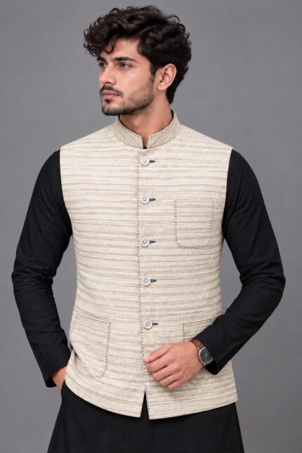 Premium Khadi Chawal-Taka Stitch Nehru Jacket (Koti) for Men | 3 Patch Pockets – Natural Stone Heritage Look