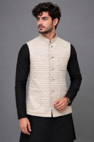 Premium Khadi Chawal-Taka Stitch Nehru Jacket (Koti) for Men | 3 Patch Pockets – Natural Stone Heritage Look - Image 3