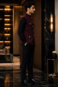 Premium Dark Maroon Lachka Fabric Nehru Jacket Side View