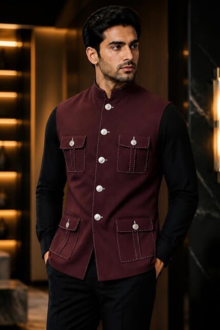 Premium Dark Maroon Chawal-Taka Nehru Jacket Front View