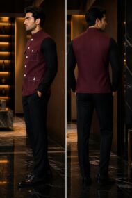 Dark Maroon Nehru Jacket Back View for Men