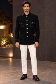 Premium Black Linen Joot Chawal-Taka Jodhpuri Bandhgala Jacket for Men | 4 Unique Shape Patch Pockets