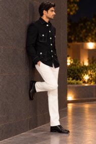 Premium Black Linen Joot Chawal-Taka Jodhpuri Bandhgala Jacket for Men | 4 Unique Shape Patch Pockets - Image 4