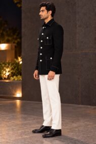 Premium Black Linen Joot Chawal-Taka Jodhpuri Bandhgala Jacket for Men | 4 Unique Shape Patch Pockets - Image 3