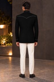 Premium Black Linen Joot Chawal-Taka Jodhpuri Bandhgala Jacket for Men | 4 Unique Shape Patch Pockets - Image 2