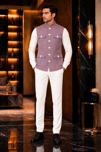 Premium Light Purple Chawal-Taka Nehru Jacket (Koti) for Men | 4 Patch Pockets – Royal Look