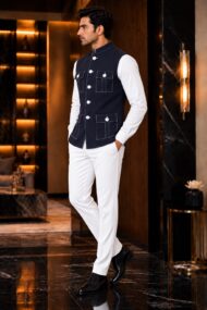Premium Dark Navy Blue Chawal-Taka Nehru Jacket (Koti) for Men | 4 Patch Pockets – Royal Look - Image 3