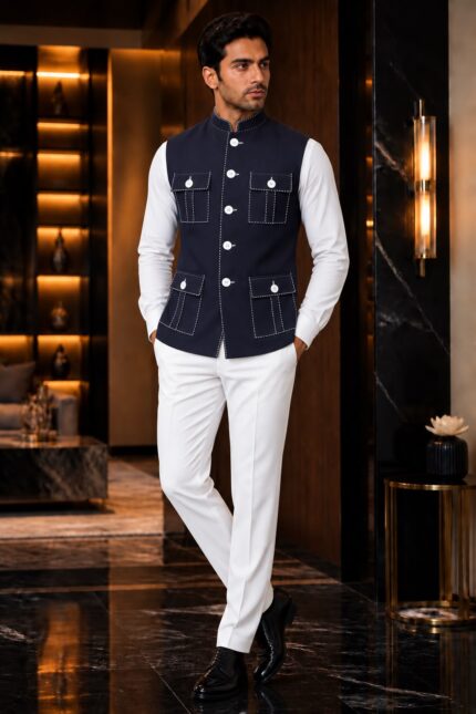 Premium Dark Navy Blue Chawal-Taka Nehru Jacket (Koti) for Men | 4 Patch Pockets – Royal Look