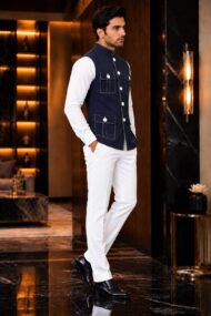 Premium Dark Navy Blue Chawal-Taka Nehru Jacket (Koti) for Men | 4 Patch Pockets – Royal Look - Image 4
