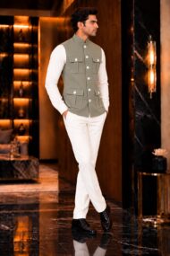 Premium Dusty Sage Green Chawal-Taka Nehru Jacket (Koti) for Men | 4 Patch Pockets – Royal Look - Image 3