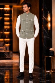 Premium Dusty Sage Green Chawal-Taka Nehru Jacket (Koti) for Men | 4 Patch Pockets – Royal Look
