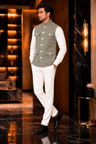 Premium Dusty Sage Green Chawal-Taka Nehru Jacket (Koti) for Men | 4 Patch Pockets – Royal Look - Image 2