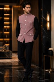 Premium Pink Chawal-Taka Nehru Jacket (Koti) for Men | 4 Patch Pockets – Royal Look