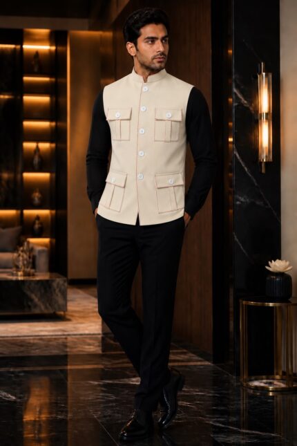 Premium Cream Chawal-Taka Nehru Jacket (Koti) for Men | 4 Patch Pockets – Royal Look