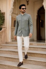 Men's Sage Green Bandhgala Jacket with Four Unique Shape Patch Pockets
