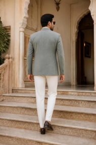 MD COLLECTIONS Sage Green Bandhgala Jacket Back View